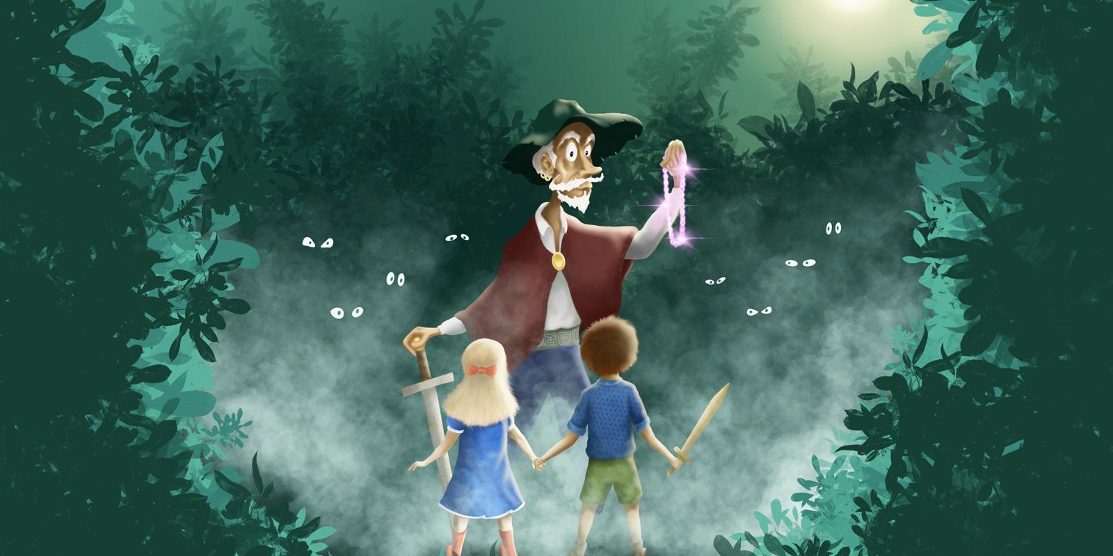 Illustration till föreställningen Ingen rövare finns i skogen. Föreställandes två barn som håller varandra i hand och ser på vad som kan tolkas som en rövare som håller i ett svärd och ett halsband. Bakgrunden är dunkel skog med ögon som skymtar.